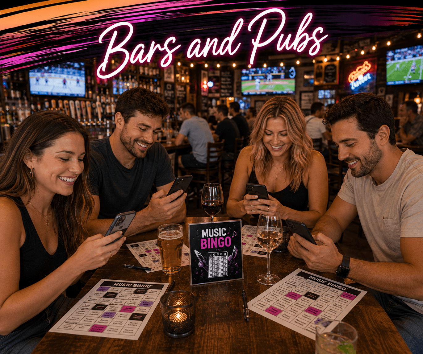 A packed bar crowd playing music bingo