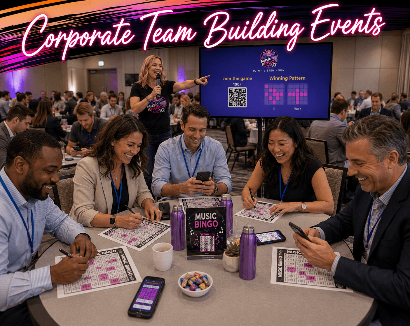 Coworkers playing music bingo at a corporate event