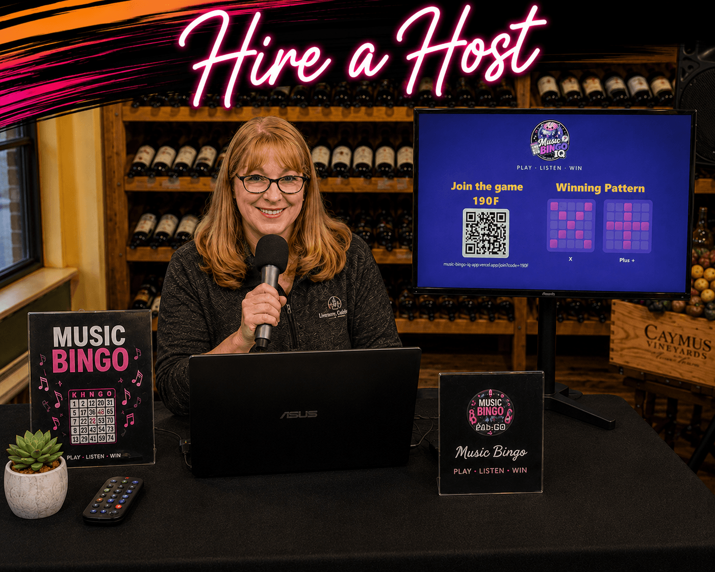 Music Bingo A-Go-Go host running a live game