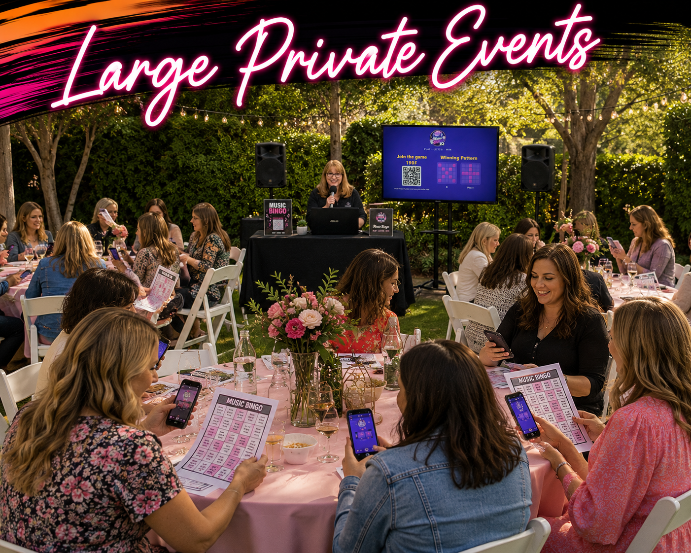 A large crowd playing music bingo at an event venue